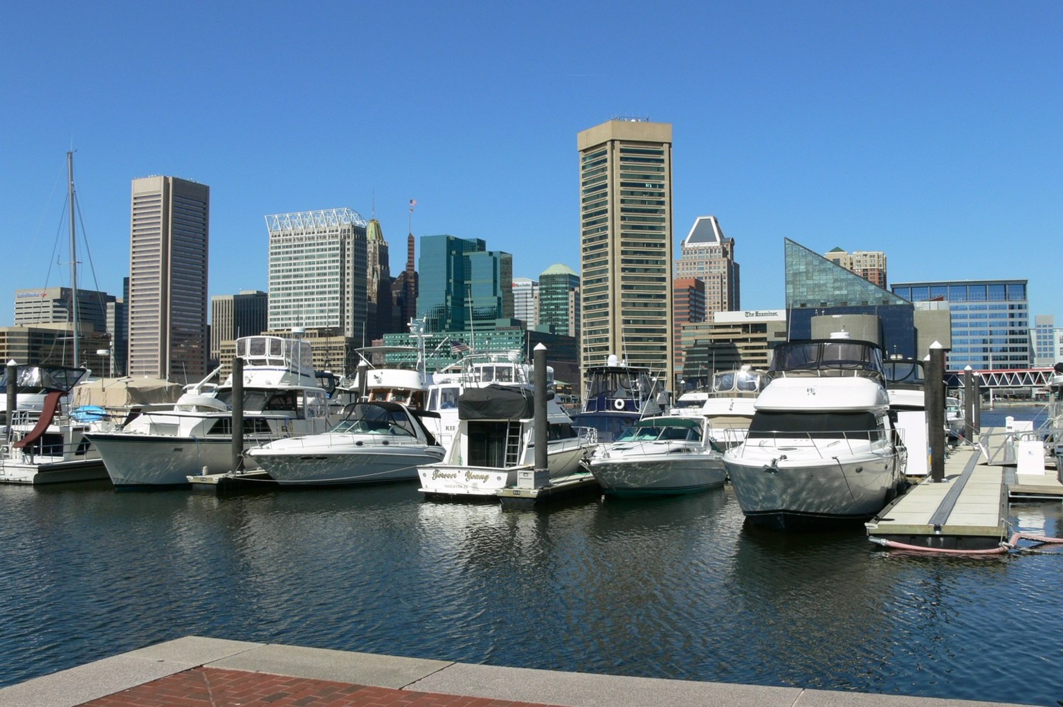 Boats and the Baltimore skyline across the Inner Harbor