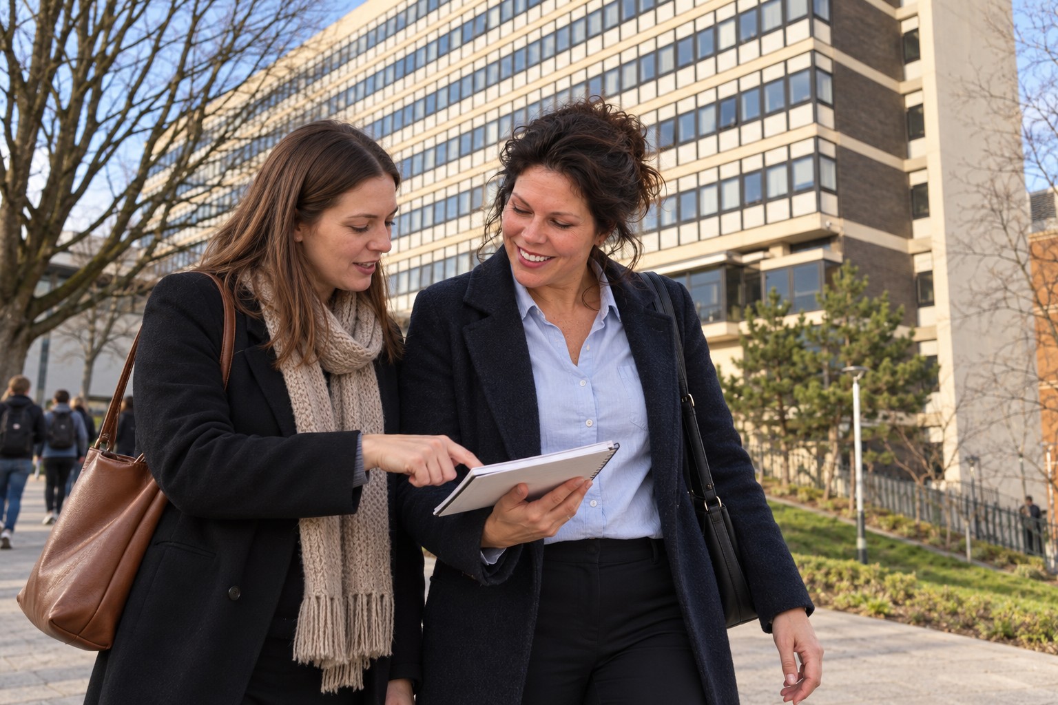 AI scene of Lyd with tied-back hair sharing a notebook with an adult colleague outside Sheffield Hallam University