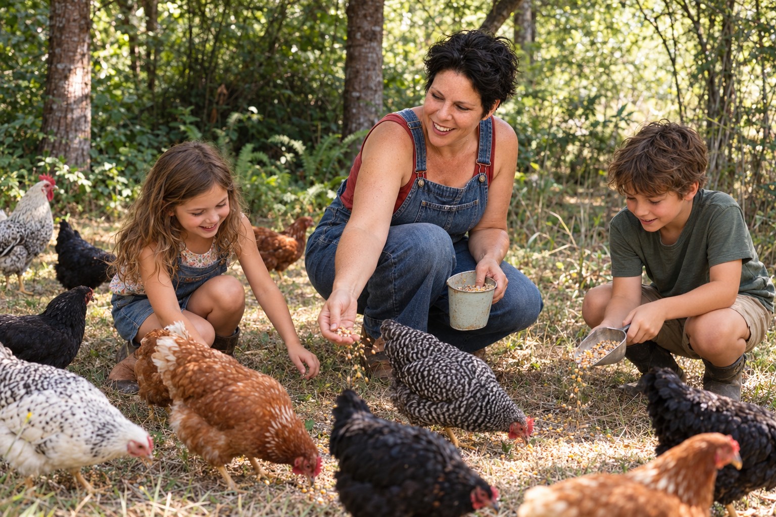 AI-created scene of Lyd with short dark hair helping two children feed chickens in a wooded farm garden