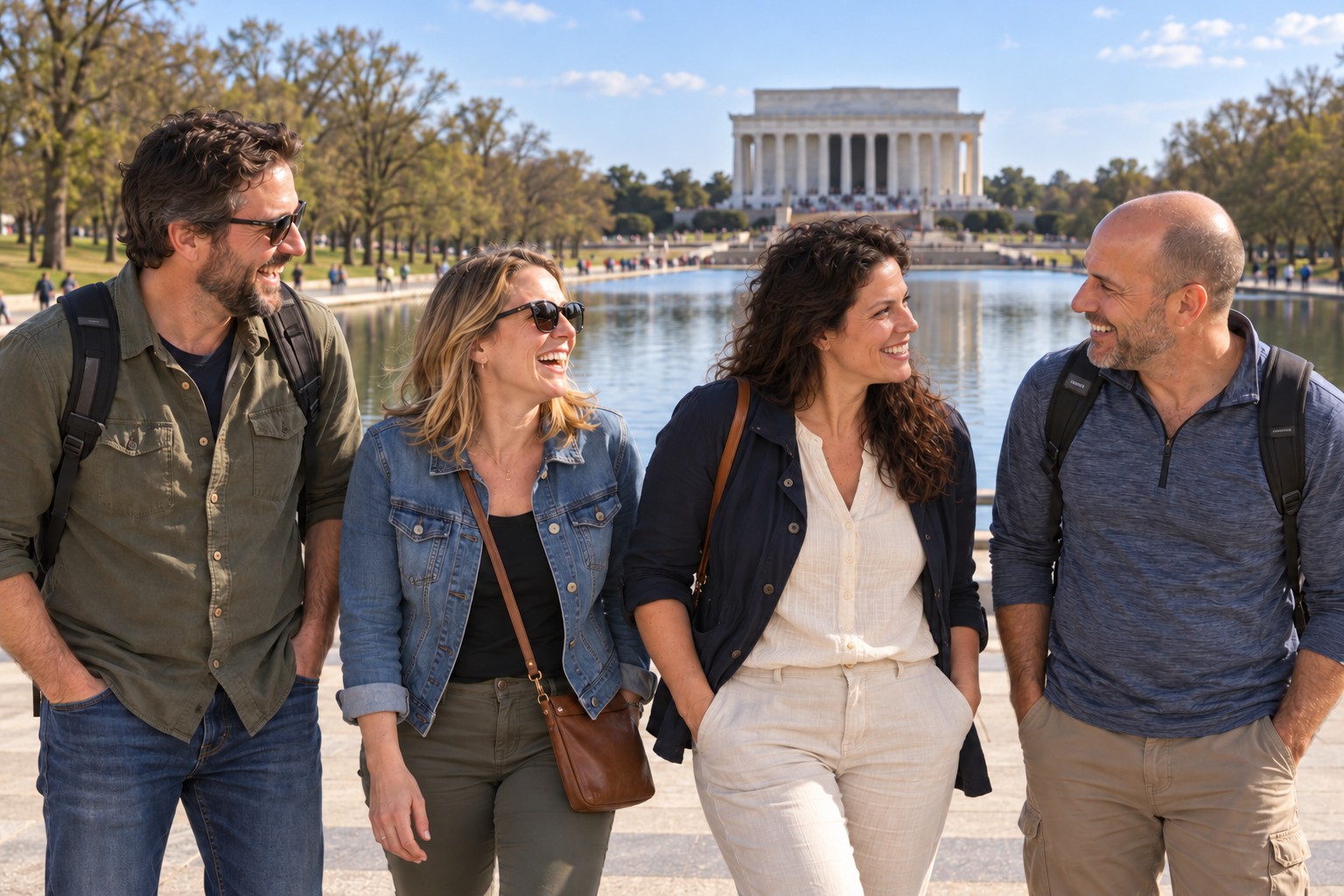 AI group scene of Lyd and three adult companions at the National Mall in Washington, DC