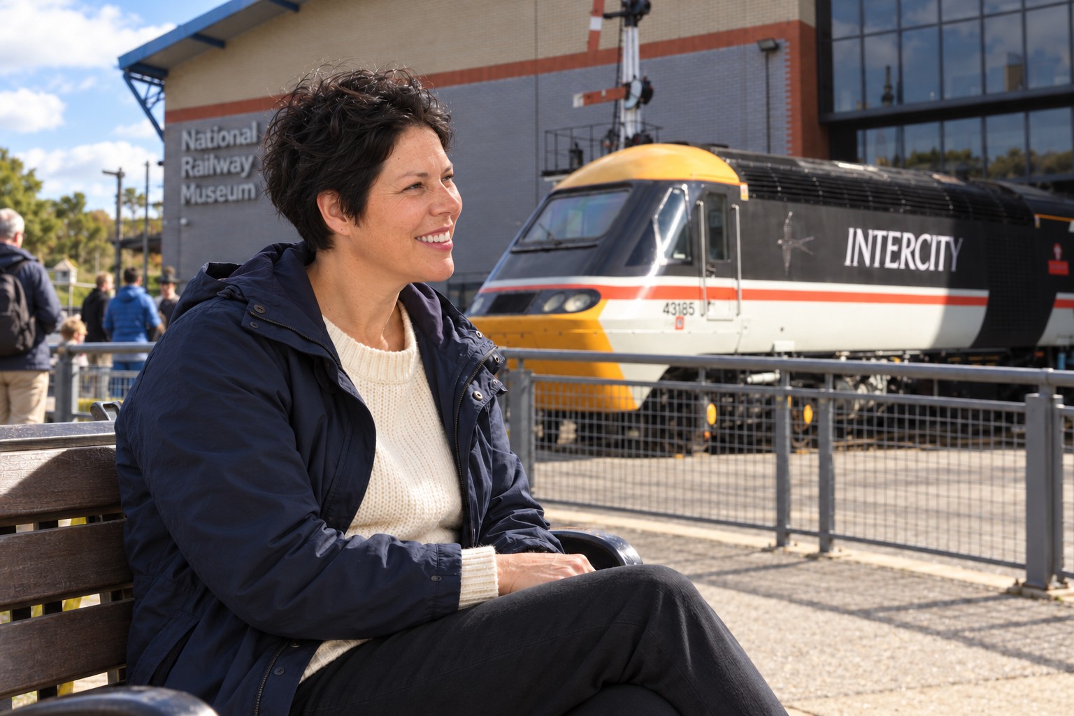 Lyd seated and smiling beside a British Rail InterCity train